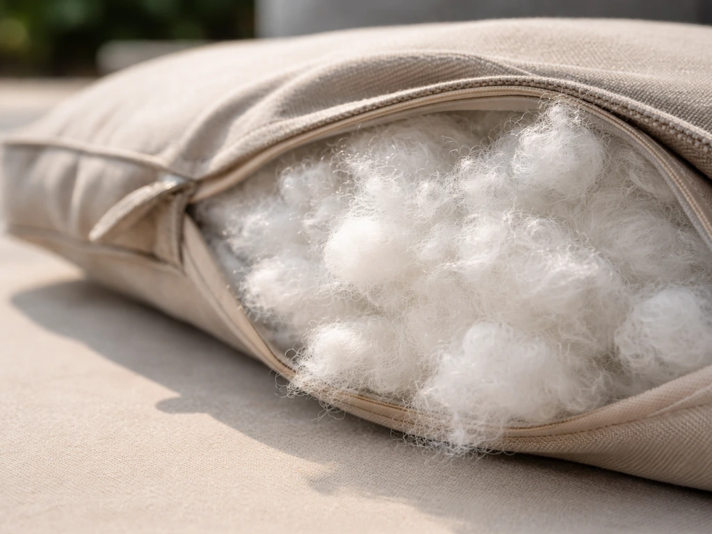 Close-up of outdoor pillow layers: fabric outer cover edge and visible inner fill fibers