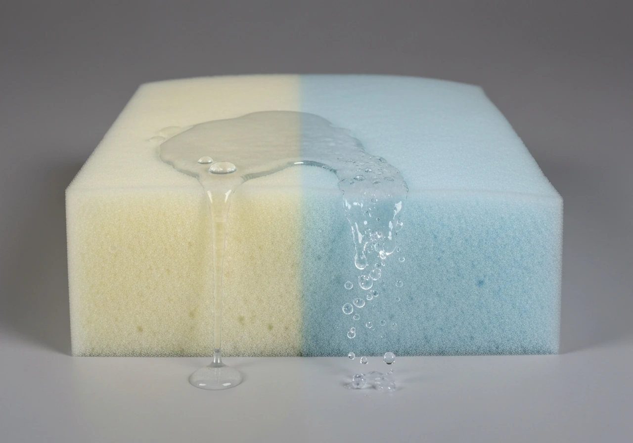 Cutaway pillow interior showing closed-cell foam pooling water and open-cell foam absorbing it.