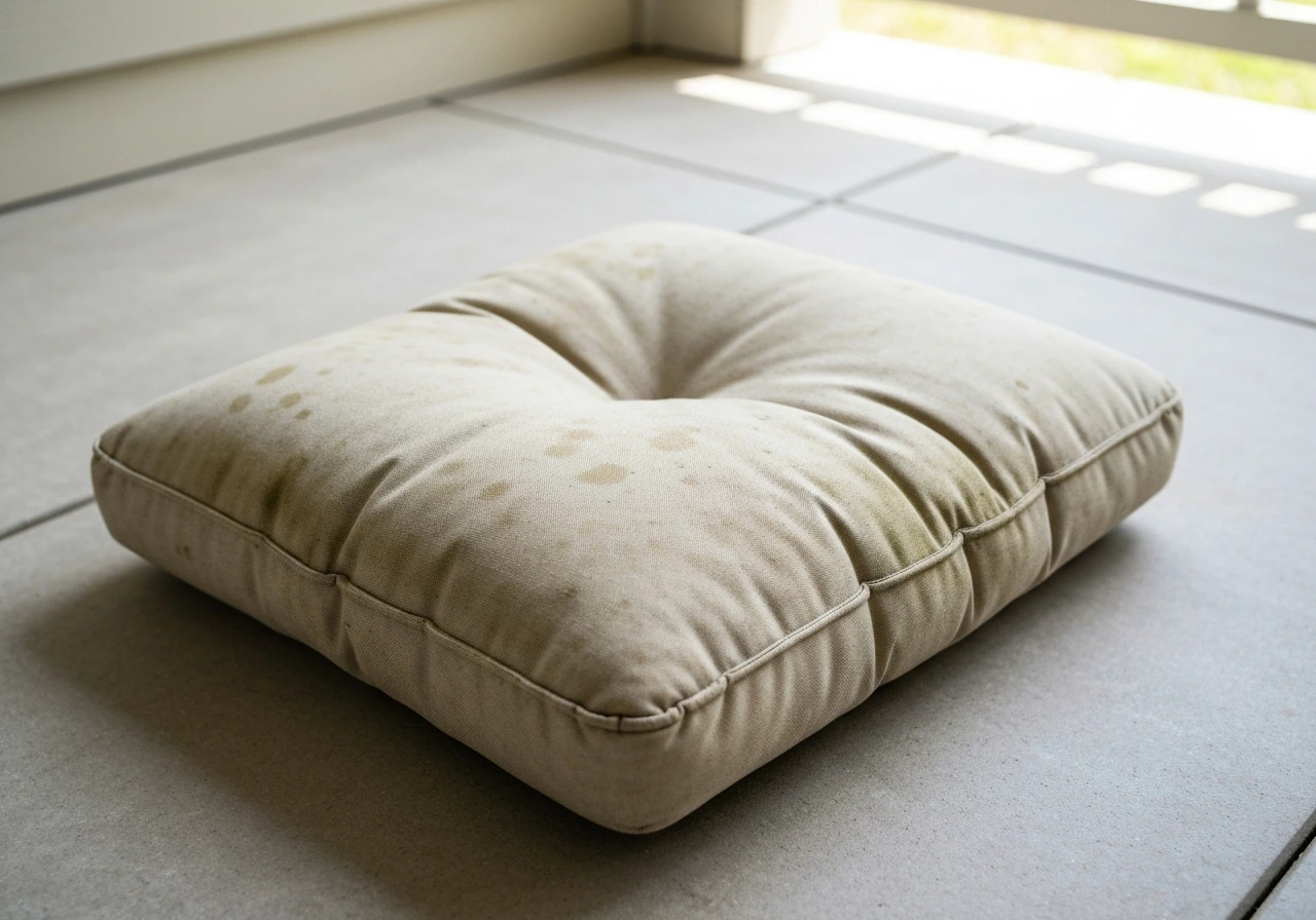 Moisture-damaged patio cushion fabric with mildew spotting and darkened damp stains.