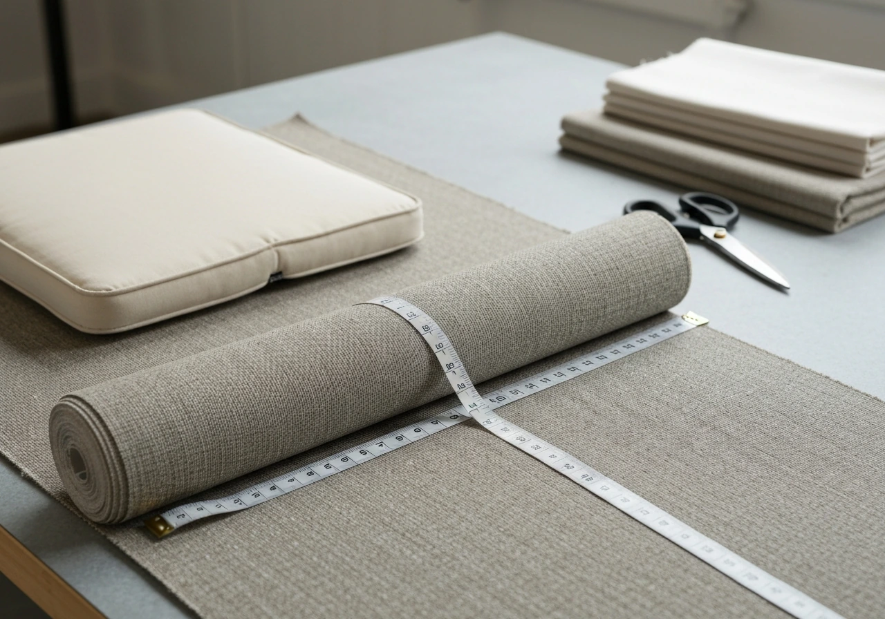 DIY patio cushion reupholstery materials: fabric bolt and measuring tape laid on a worktable.