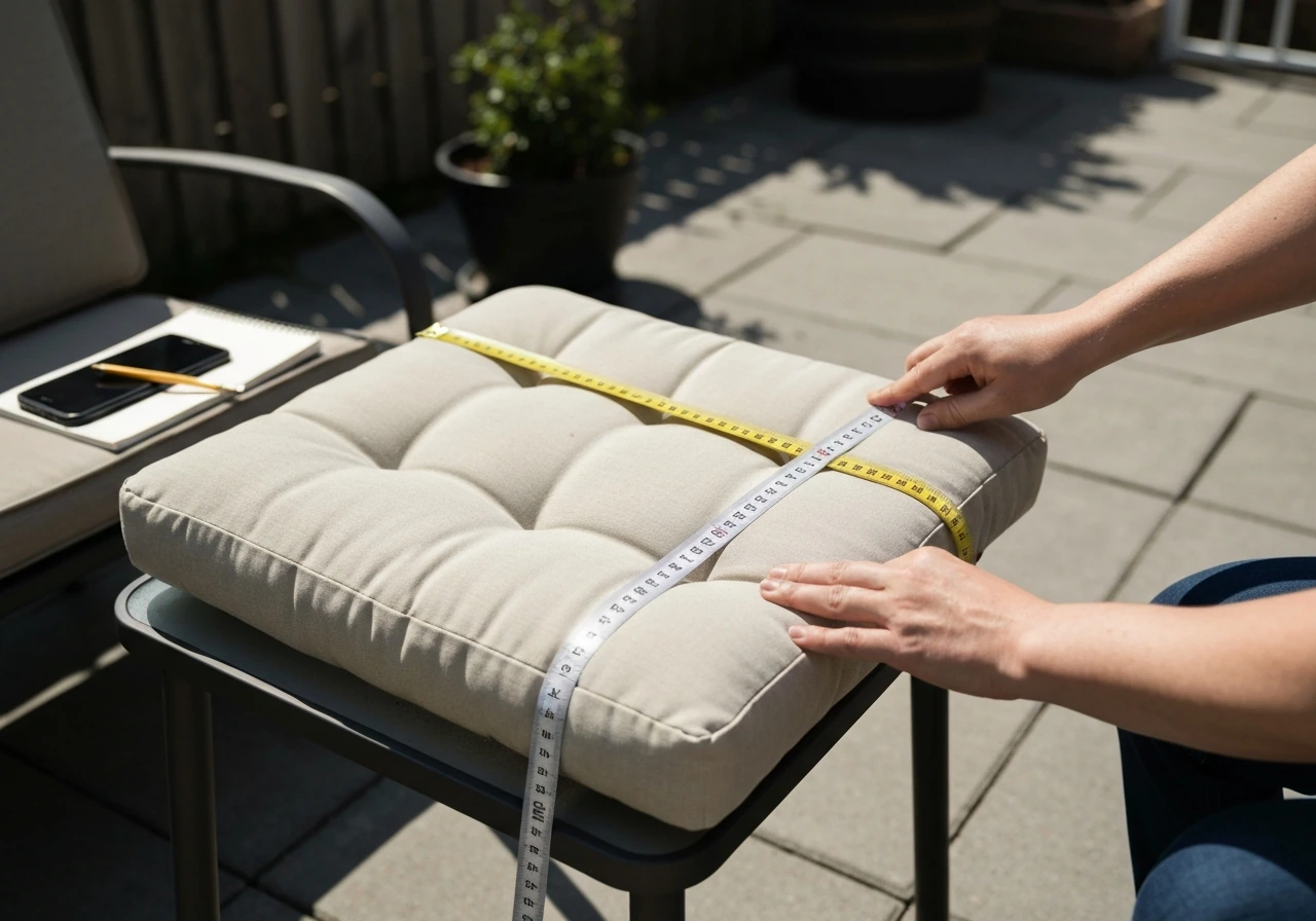 Hands measuring a patio cushion with a tape measure, checking width, depth, and thickness.