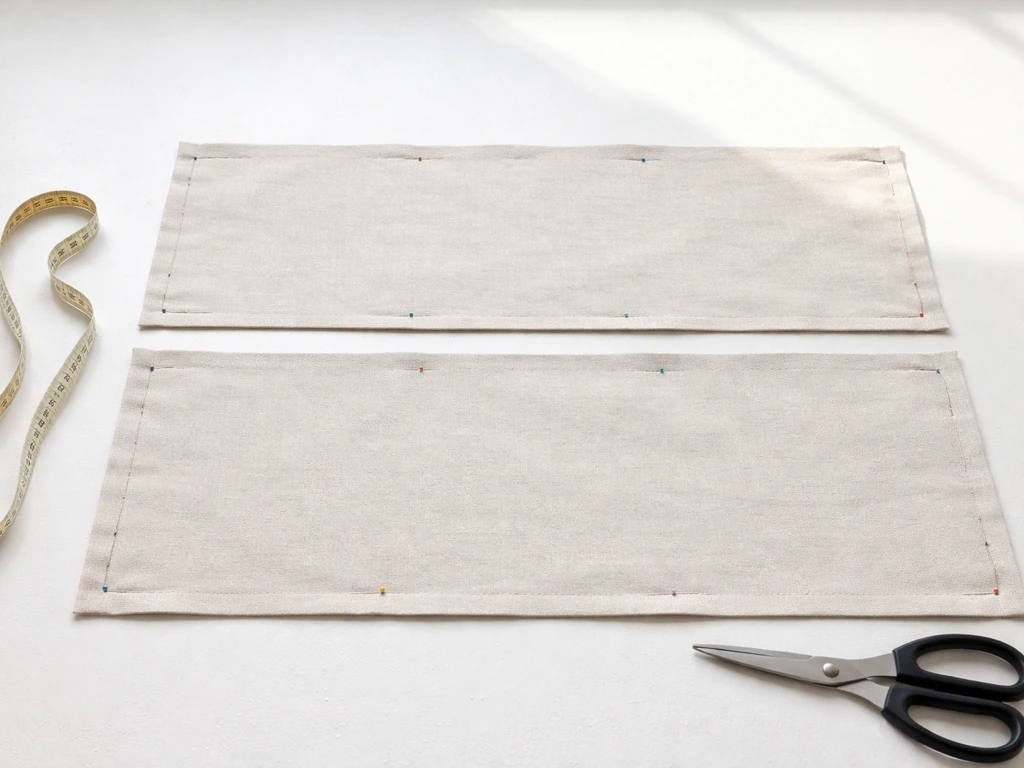 Minimal overhead photo of fabric panels with seam allowance measured along the edges