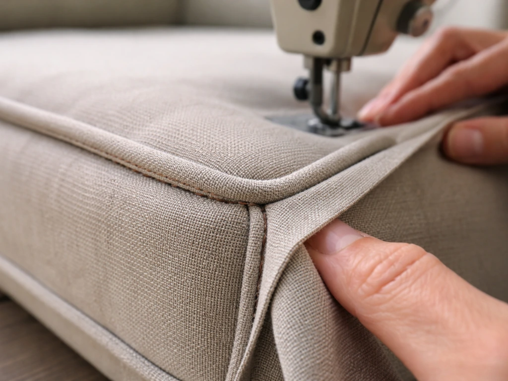 Close-up of fabric-covered piping installed along a patio cushion seam with welting stitching.
