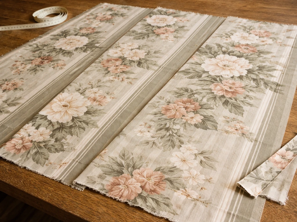 Close-up of patterned fabric panels on a table, misaligned repeats and direction changes with a measuring tape.