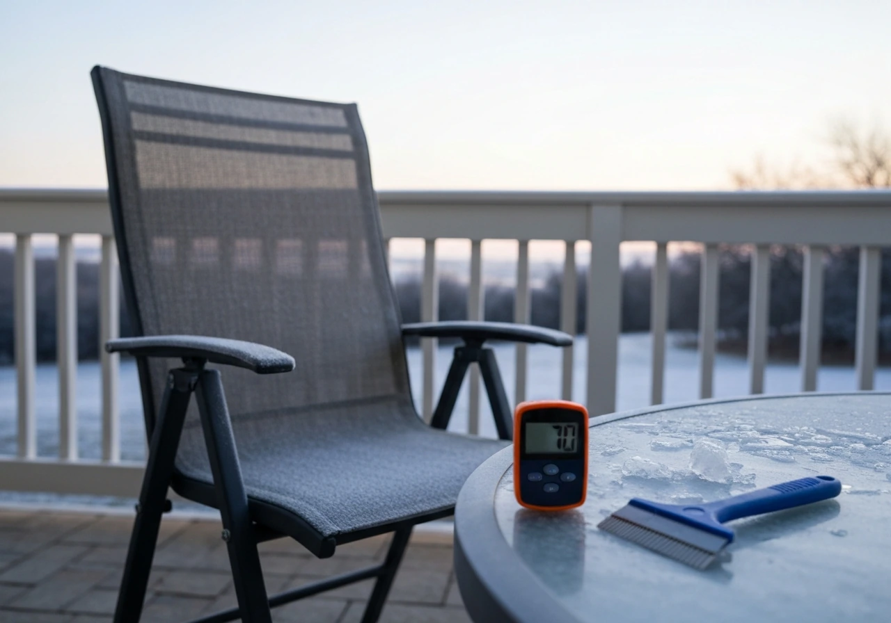 Frosted patio chair with a small thermometer suggesting when to bring outdoor furniture in.