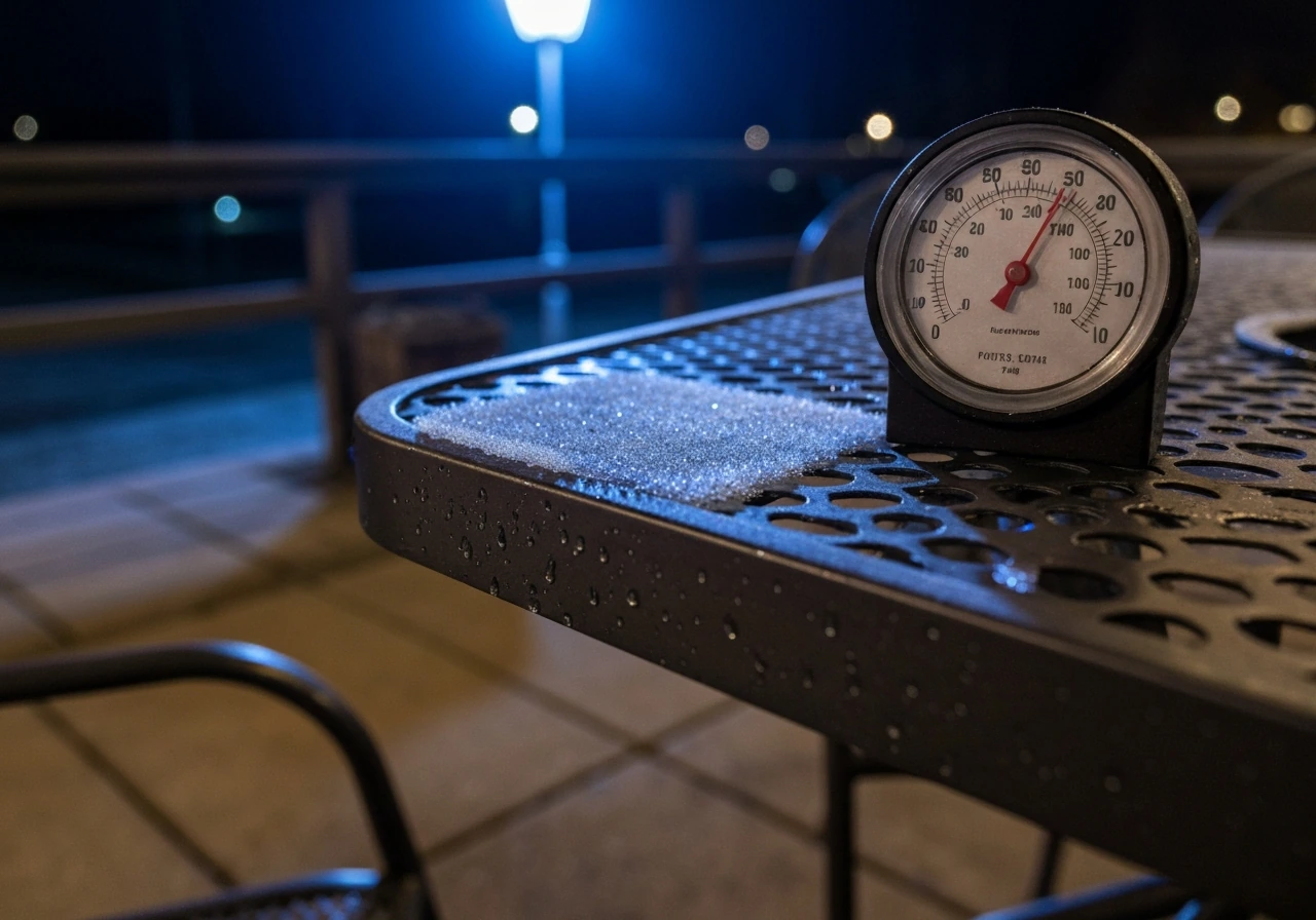 Nighttime patio close-up with frost on outdoor furniture and an analog thermometer near freezing.