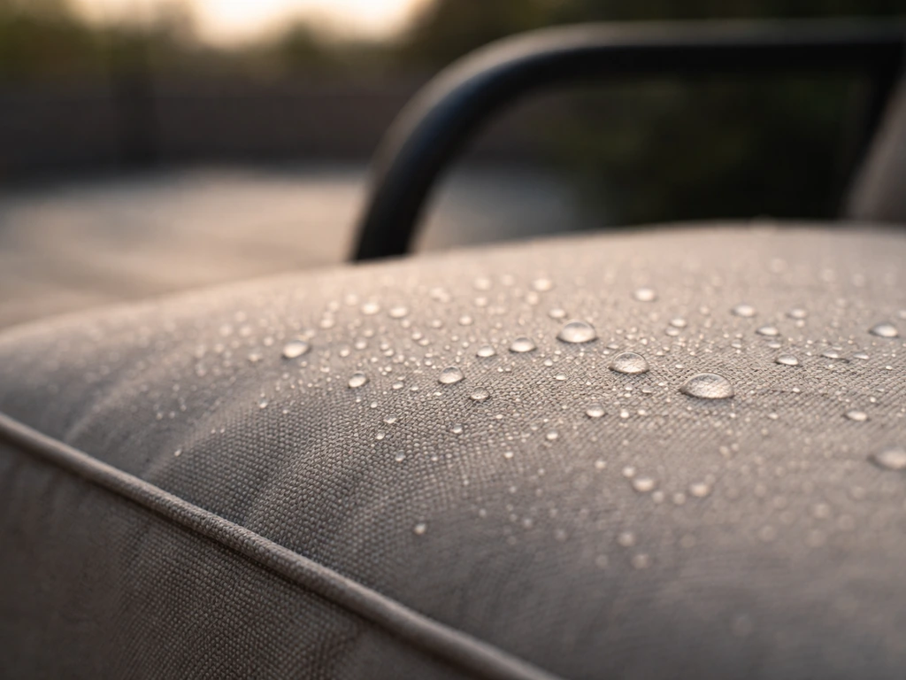 Dew droplets glistening on outdoor patio cushion fabric and chair frame in early morning light.