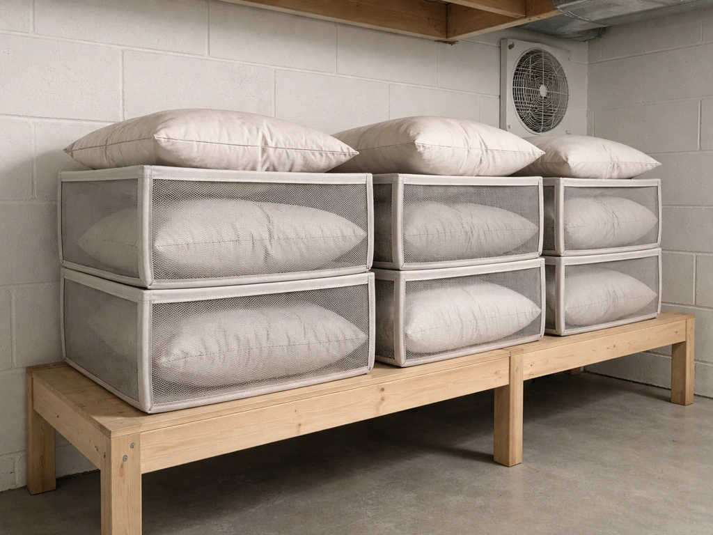 Dry throw cushions in breathable fabric bins on a shelf, spaced for airflow in a basement storage corner.