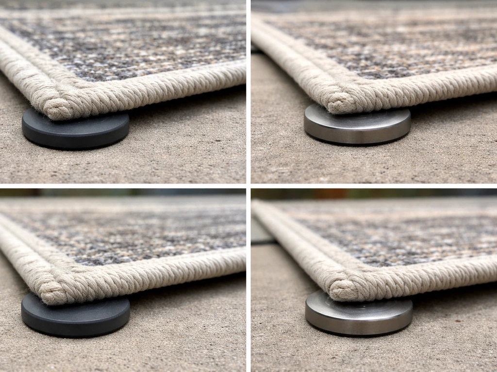 Close-up of corner weights fitted under each rug corner on an outdoor patio surface.