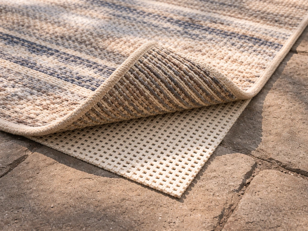 Outdoor patio rug corner with a non-slip rug pad/gripper underlay visible beneath the rug.