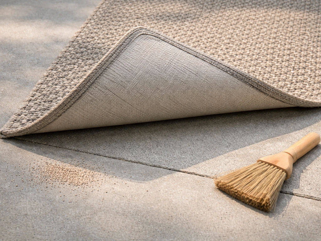 Patio rug flipped back, underside brushed clean of sand and debris, placed back for dry traction.