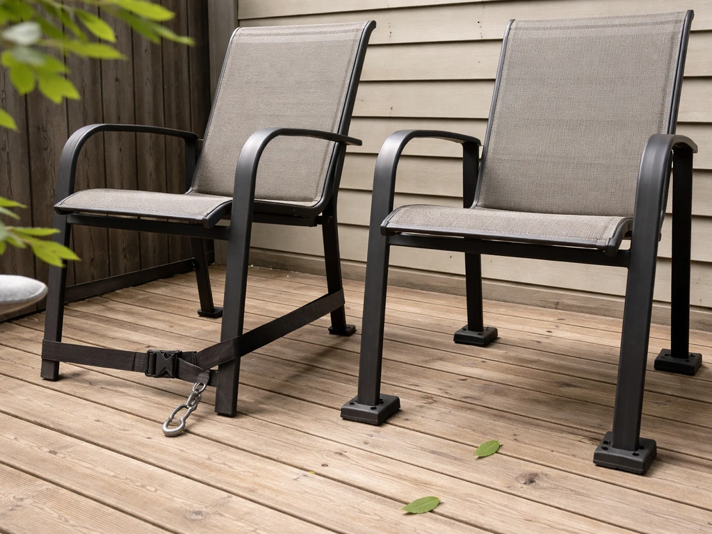 Patio chairs secured against strong wind with straps/anchors and anti-slip pads on a quiet deck