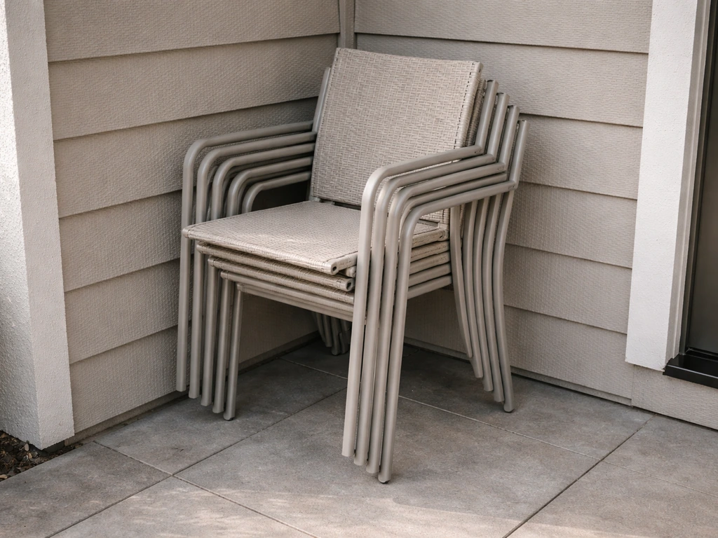 Stackable patio chairs neatly stacked in a sheltered corner beside a house.