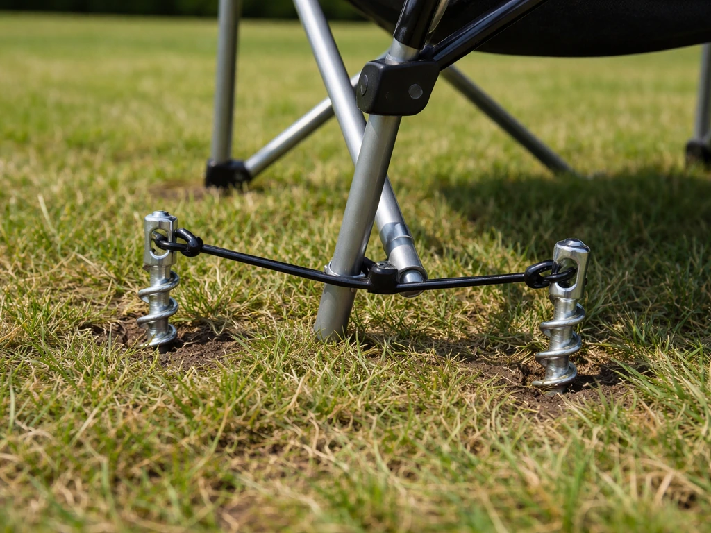 Auger-style ground stakes in grass beside chair legs with a bungee/wire clip preventing lift.