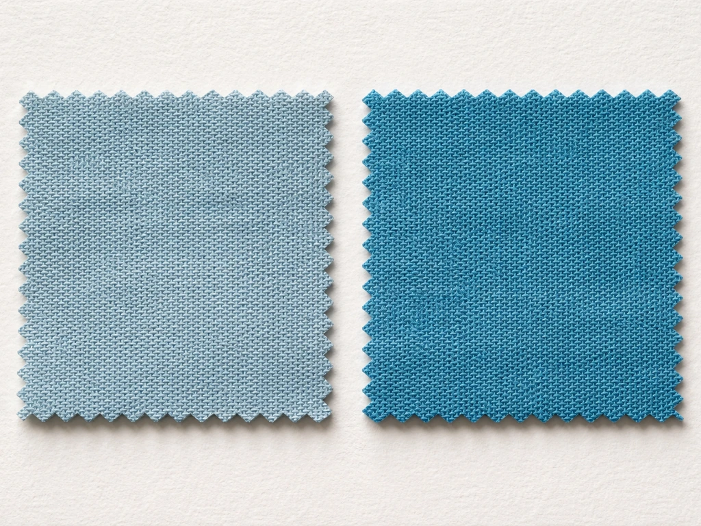 Two side-by-side acrylic fabric swatches showing sun-faded vs UV-resistant color and visible fiber texture.