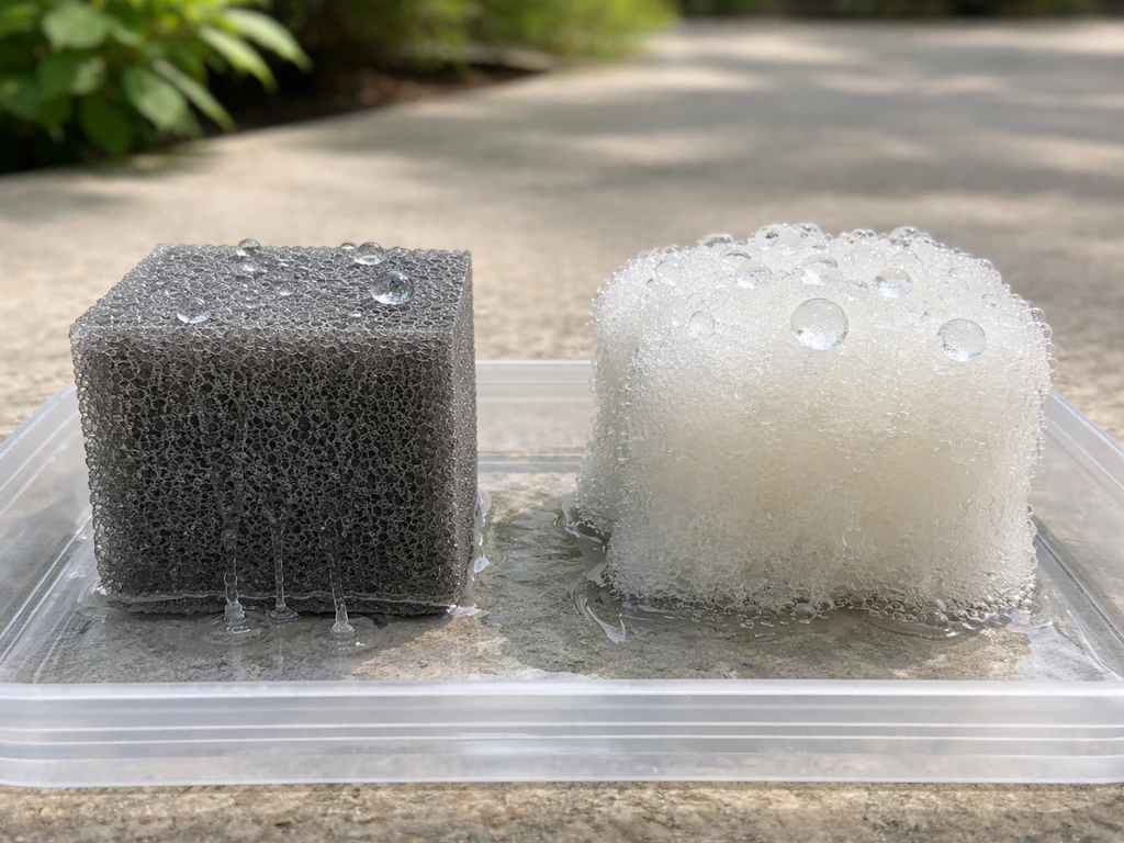 Reticulated dry-fast foam vs polyfill in a shallow tray: foam drains, polyfill holds pooled water outdoors.