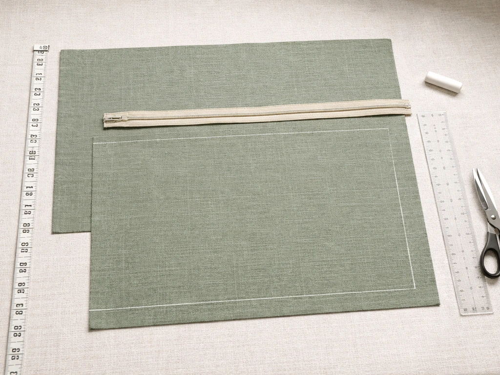 Fabric panels for a zippered rectangular pillow with measuring tape, ruler, chalk, and scissors laid out.