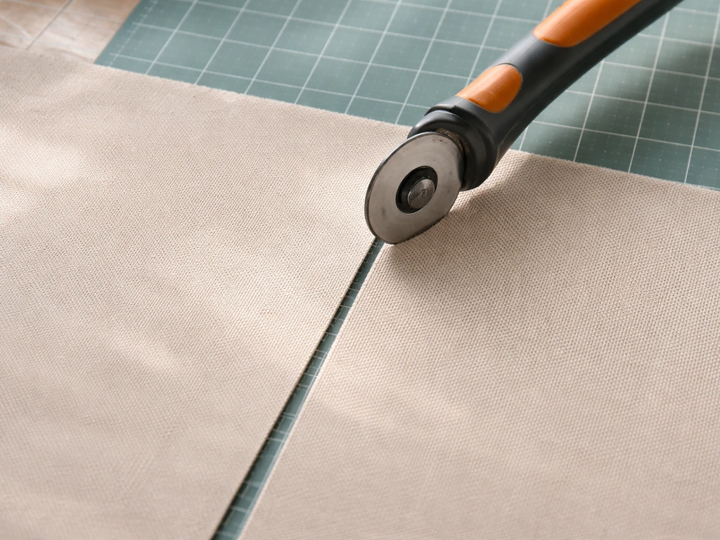 Rotary cutter cutting outdoor acrylic fabric on a self-healing mat with clean, non-fraying edges.
