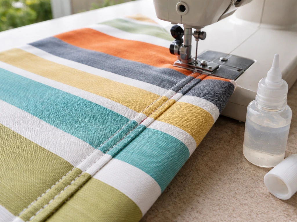 Close-up of sewing an outdoor pillow cover seam on a machine with seam sealer nearby.