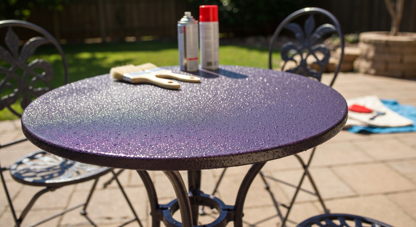 Freshly restored metal patio table and chairs with glossy enamel finish on a sunlit backyard patio, tools blurred in background.