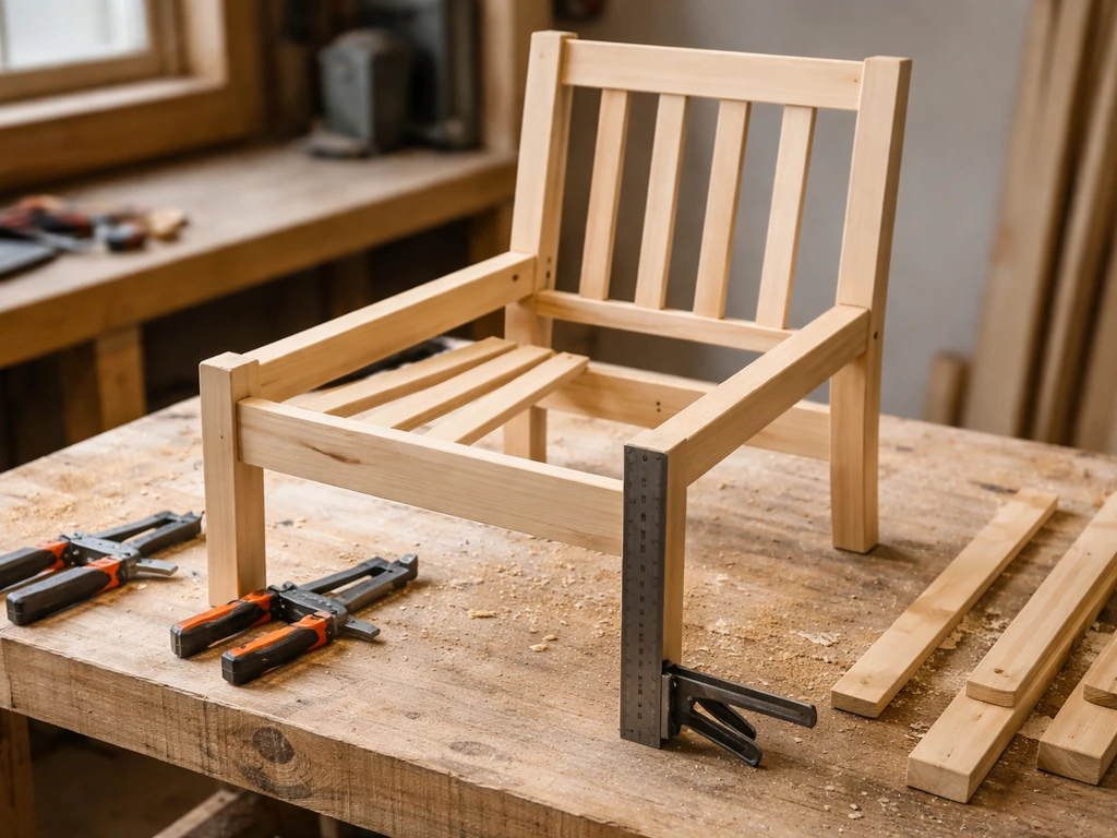 Close-up of a wooden chair frame on a workbench with slats being aligned and installed.