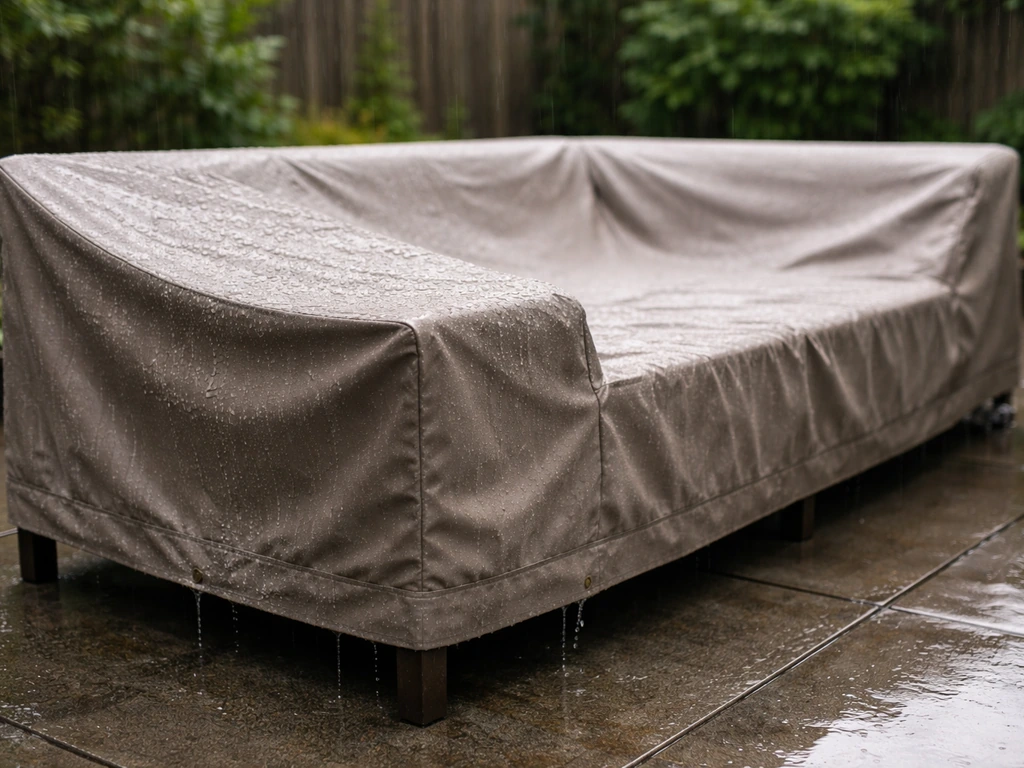 DIY waterproof patio furniture cover snug on outdoor seating with water beading in a rainstorm