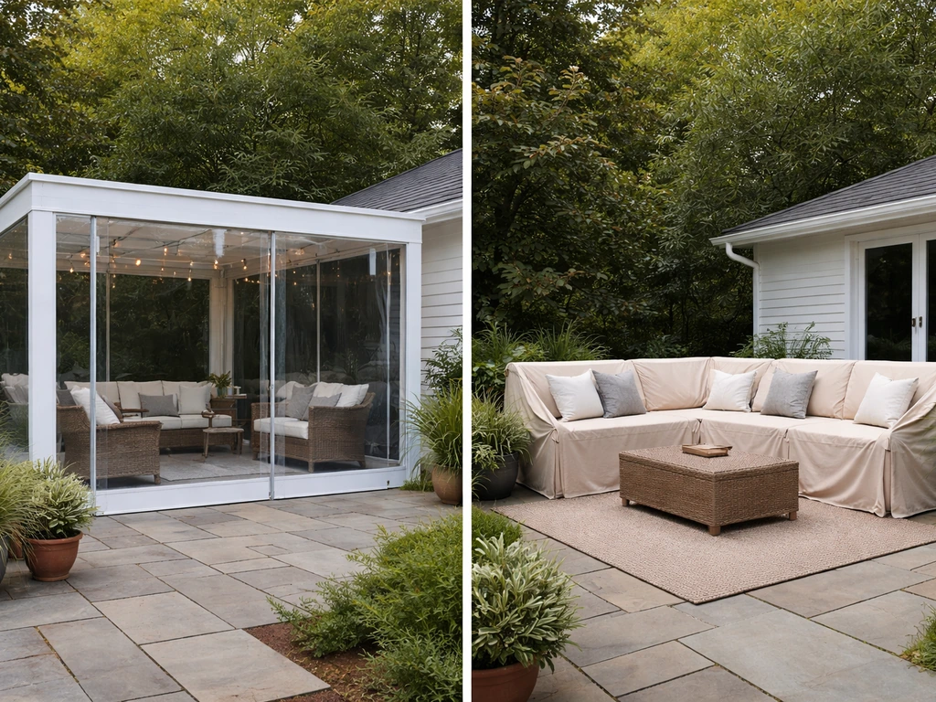 DIY patio cover materials showing box-style enclosure and slipcover-style drape on cushions side by side