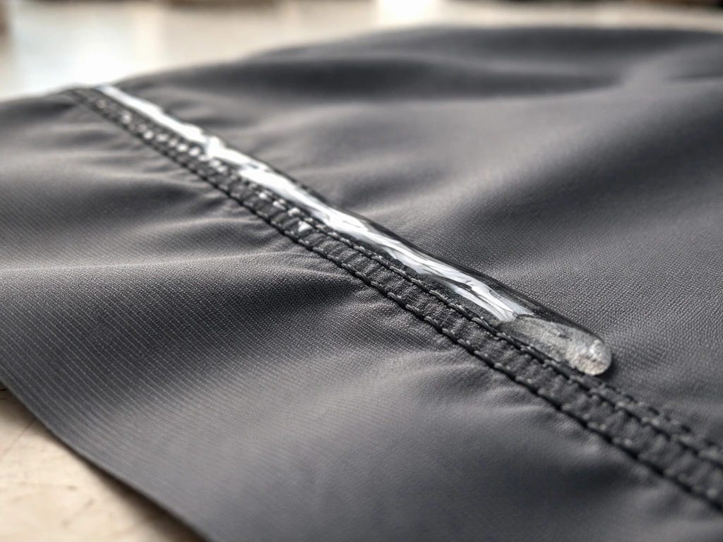 Close-up of a stitched waterproof fabric seam with seam sealer applied along the inside stitch line.