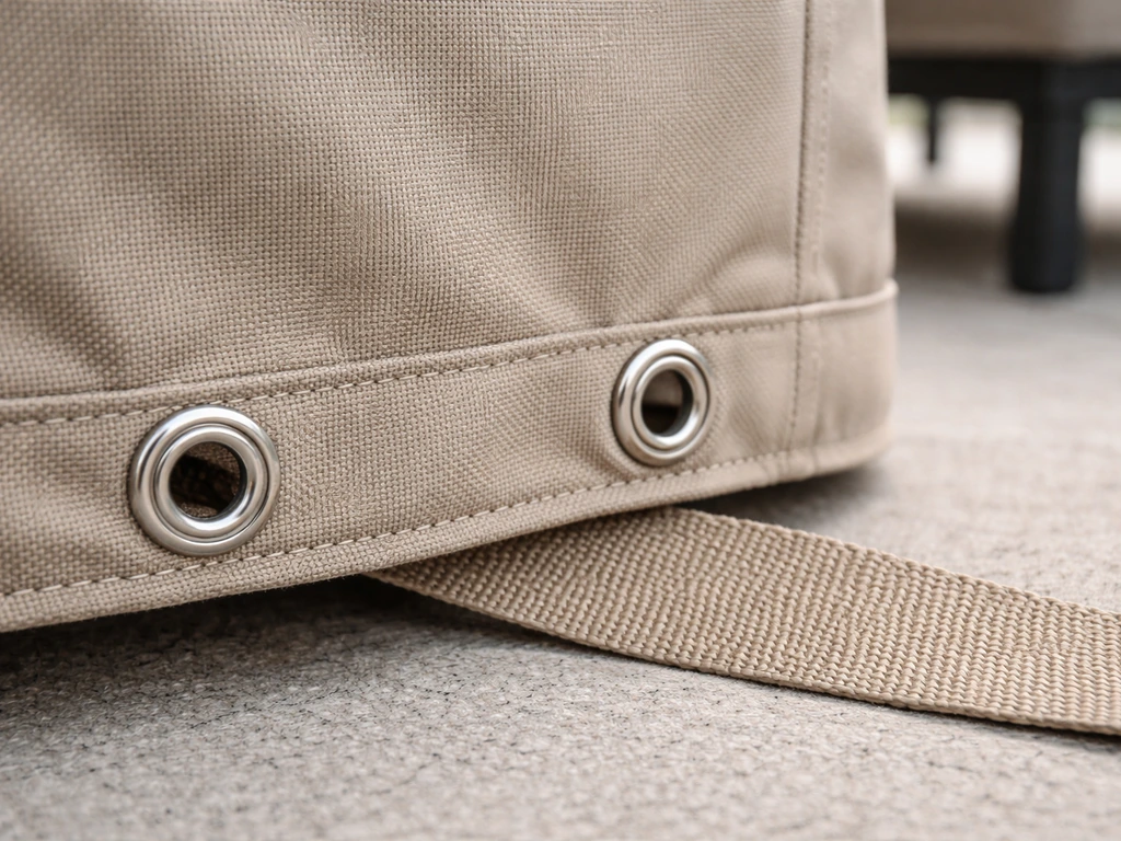 Close-up of grommets and webbing straps at a fabric hem, clamped with washers and neat surrounding fabric.