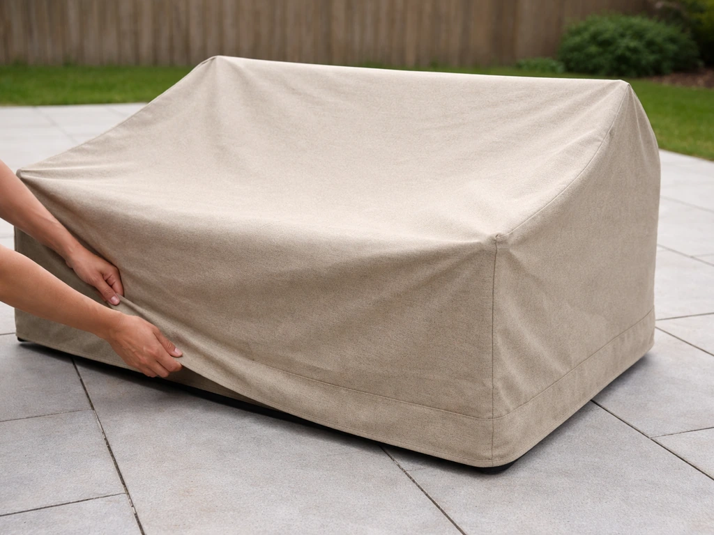 Outdoor patio furniture cover being pulled evenly over a closed armrest with hem secured