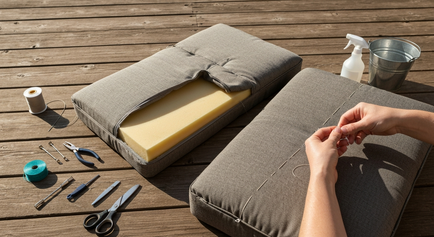 Homeowner hand-sewing an outdoor patio cushion on a sunny deck, tools and foam insert visible nearby.