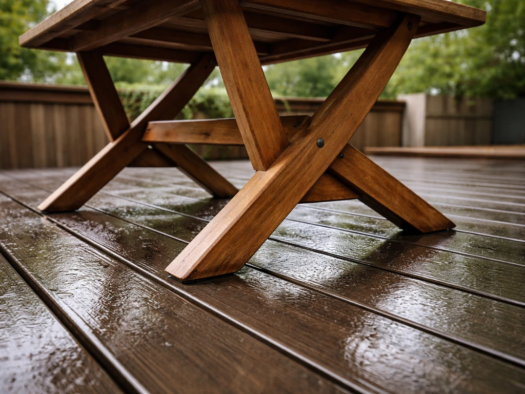 Wet deck boards with a slightly shifted outdoor table base suggesting tipping and sliding risk