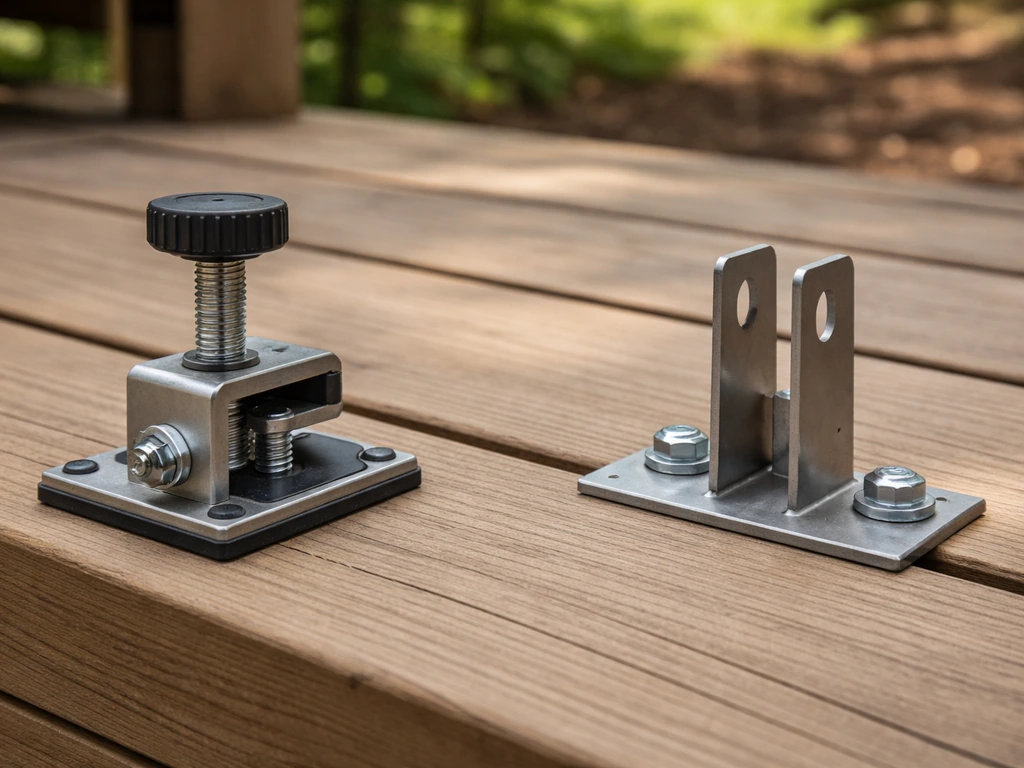 Close-up of a wooden deck showing removable anchor hardware vs a bolted semi-permanent bracket.