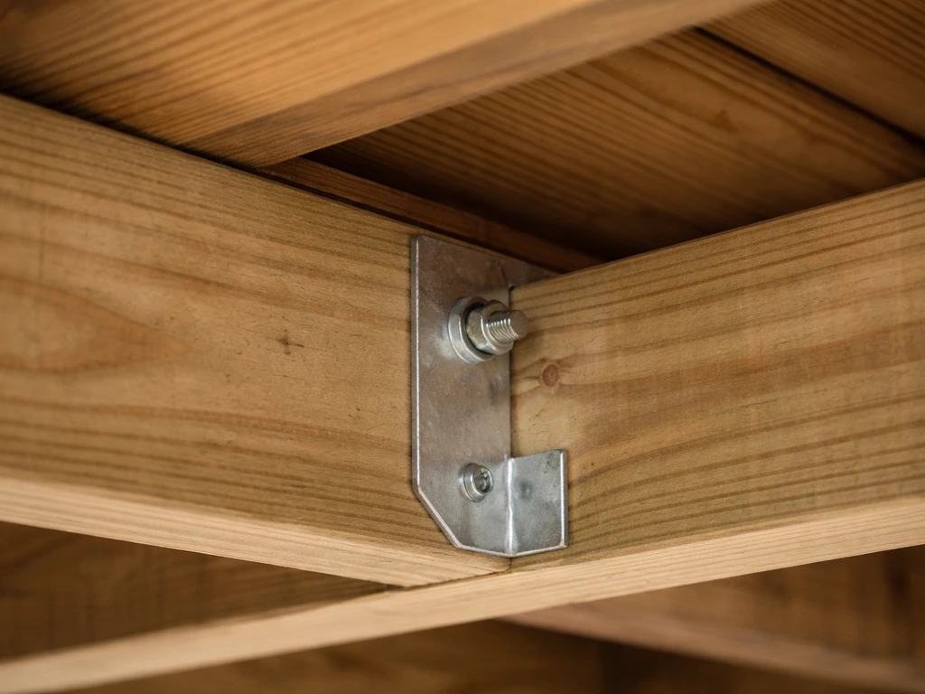 Stainless lag hardware bolted into a deck joist under a dining table area