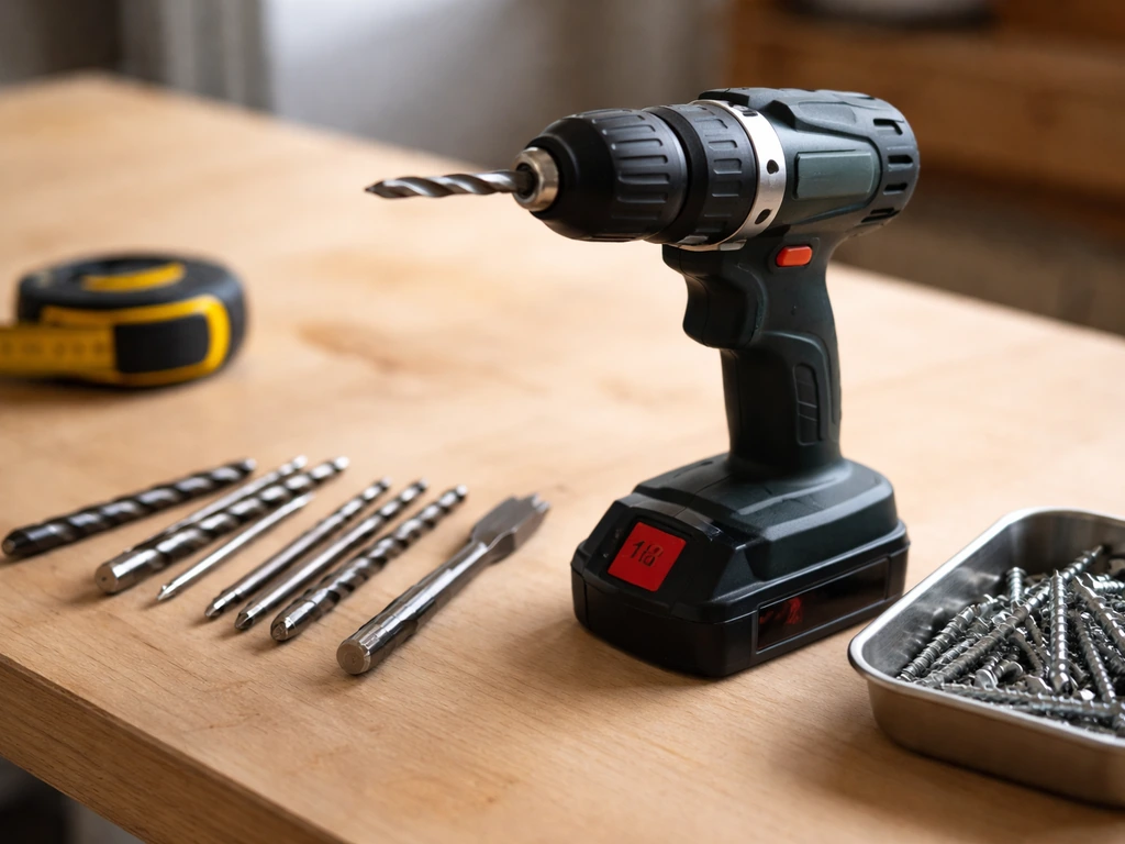 Cordless drill with drill bits, measuring tape, and stainless screws laid out on a workbench.