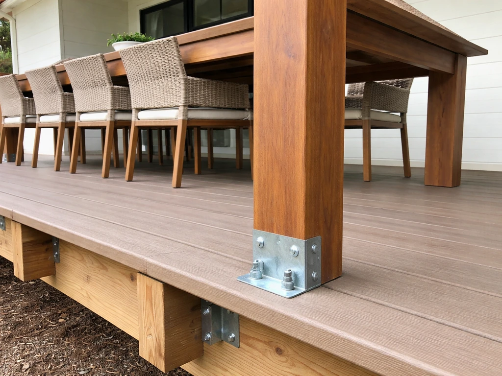 Dining table leg anchored with a metal bracket to a deck beam in the final position