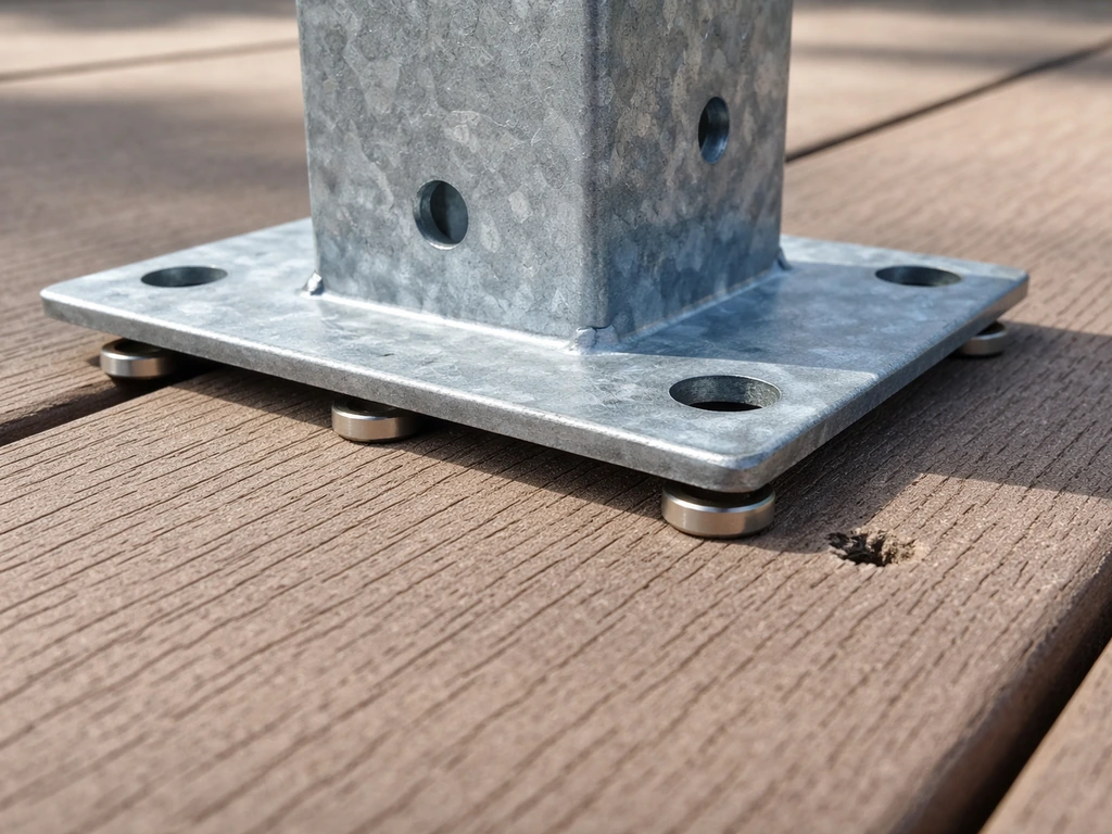 Standoff washers lifting an anchor bracket base above a composite deck to prevent trapped moisture