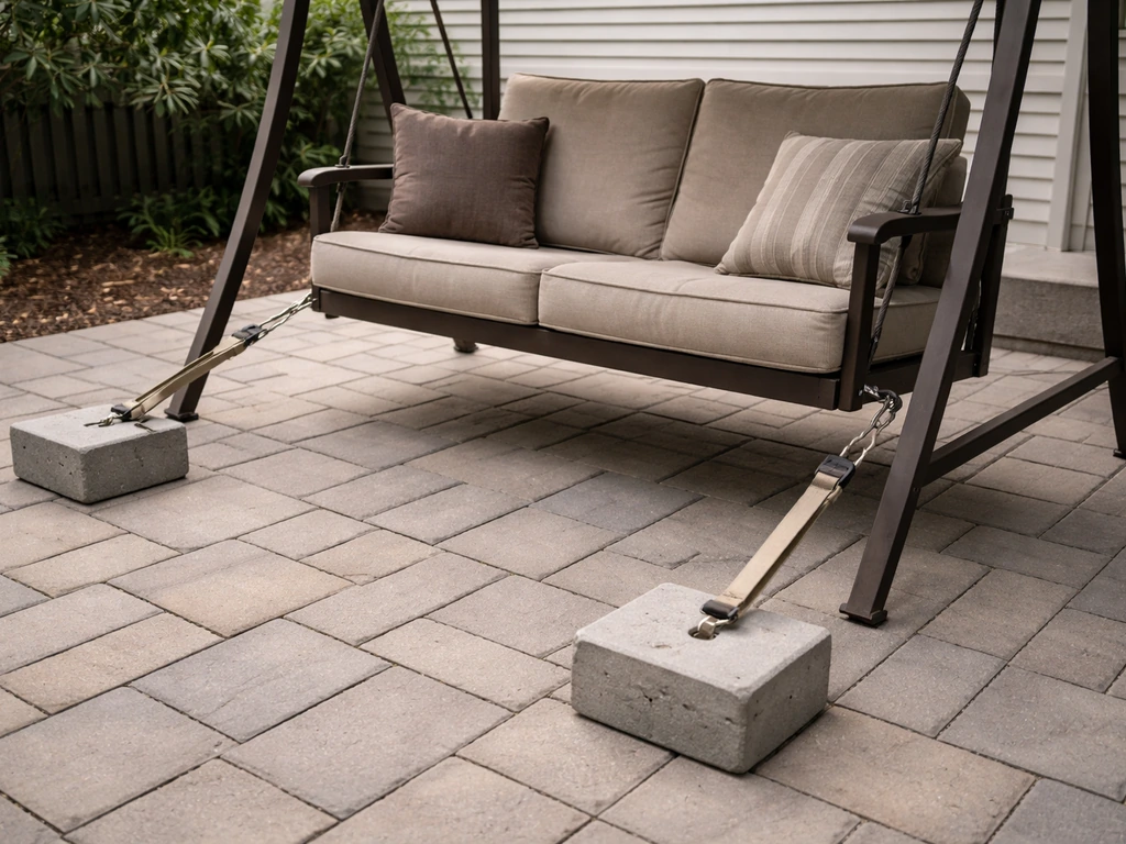 Patio swing tied down and weighted on an outdoor patio to prevent it from blowing over in wind
