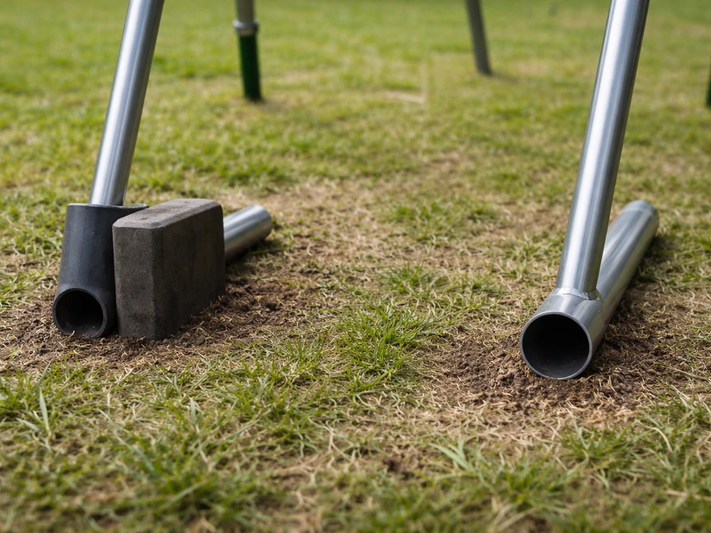 Close-up of a swing set base on grass, showing added weight to hollow metal tubes and ground contact.