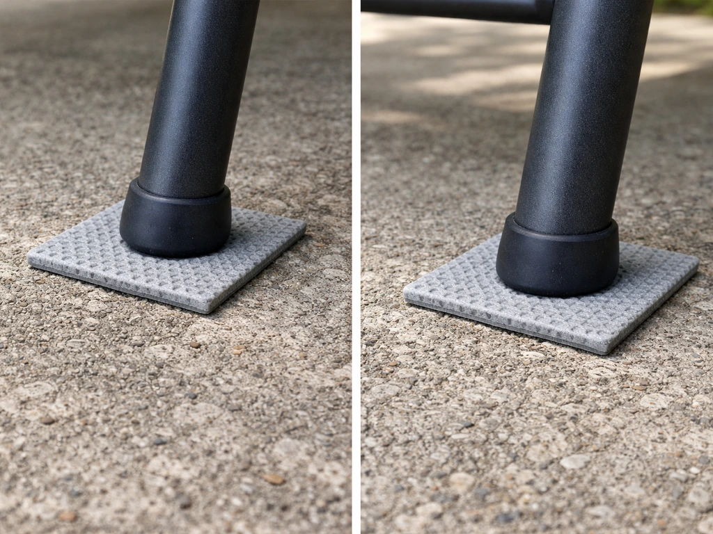 Close-up of rubber non-slip pads under a swing foot on concrete for better grip.