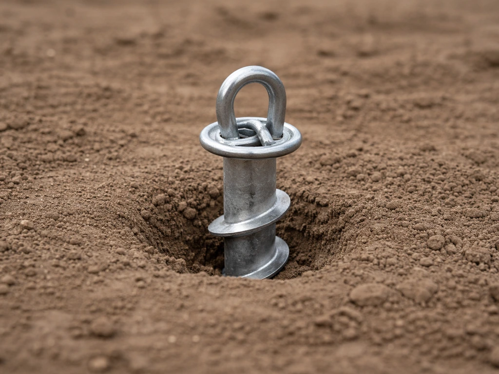Close-up of a screw-in auger ground anchor with loop attachment sitting at ground level