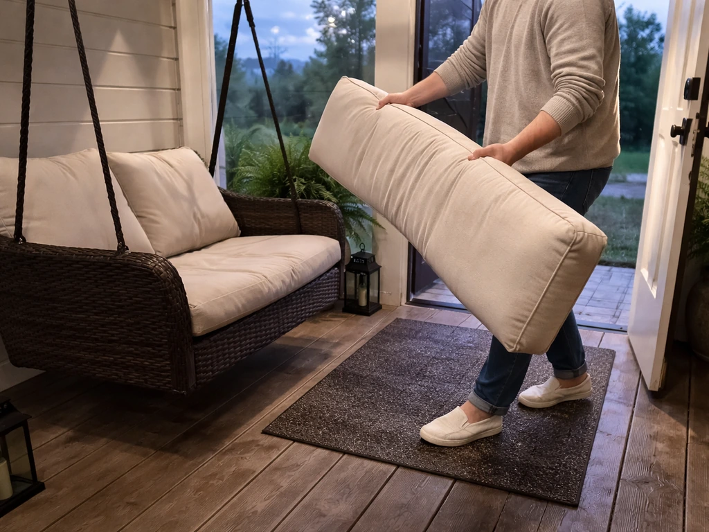 Porch patio furniture cushions being moved indoors as wind picks up before a storm