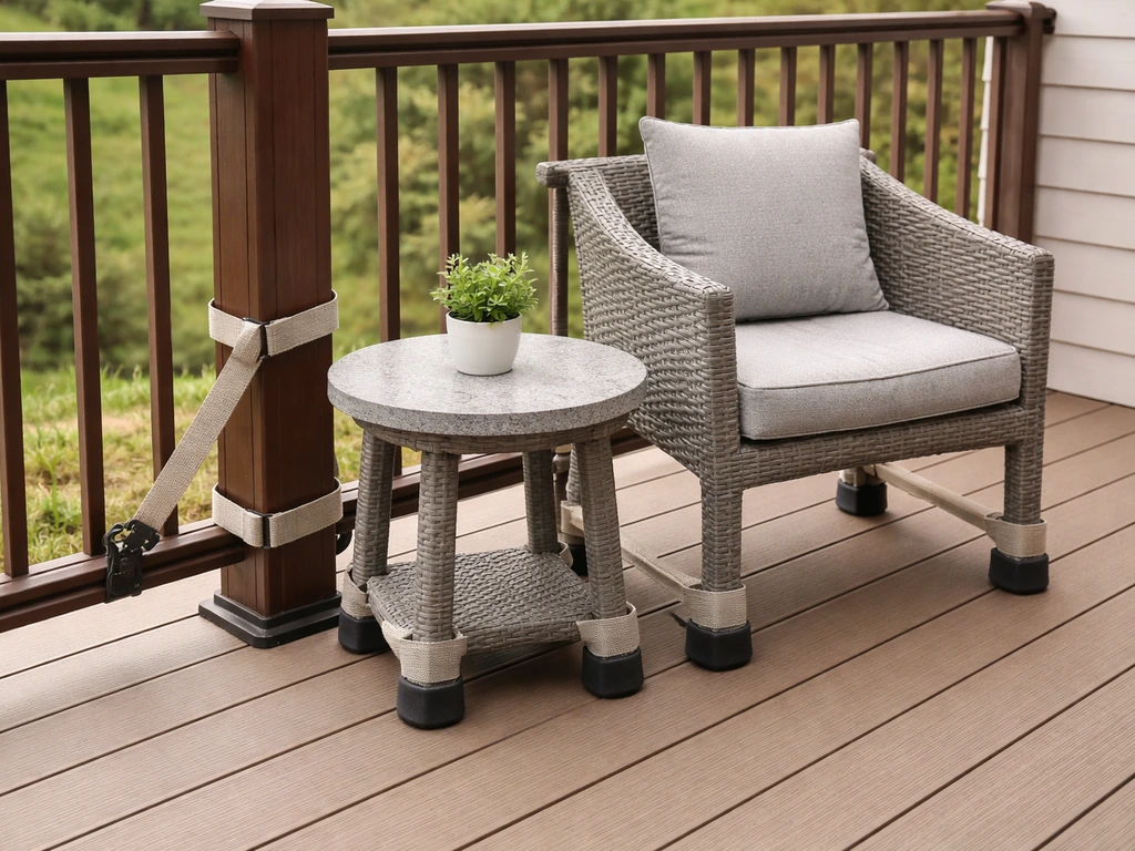Patio chair and small table on a deck secured with visible non-drill straps and pads.
