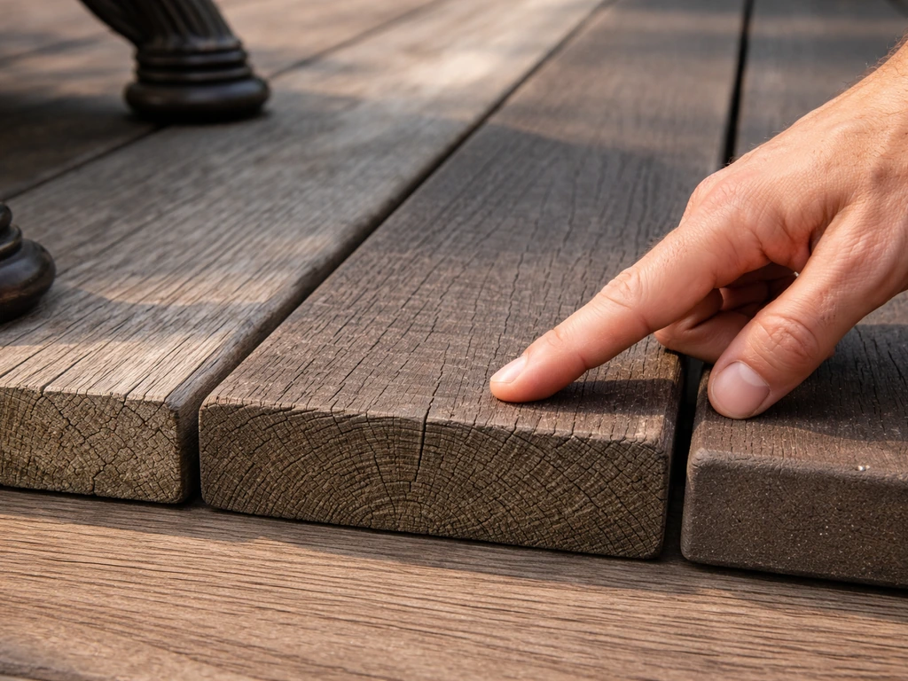 Close-up of deck board edge and surface textures comparing weathered wood and smoother composite, with chair legs nearby