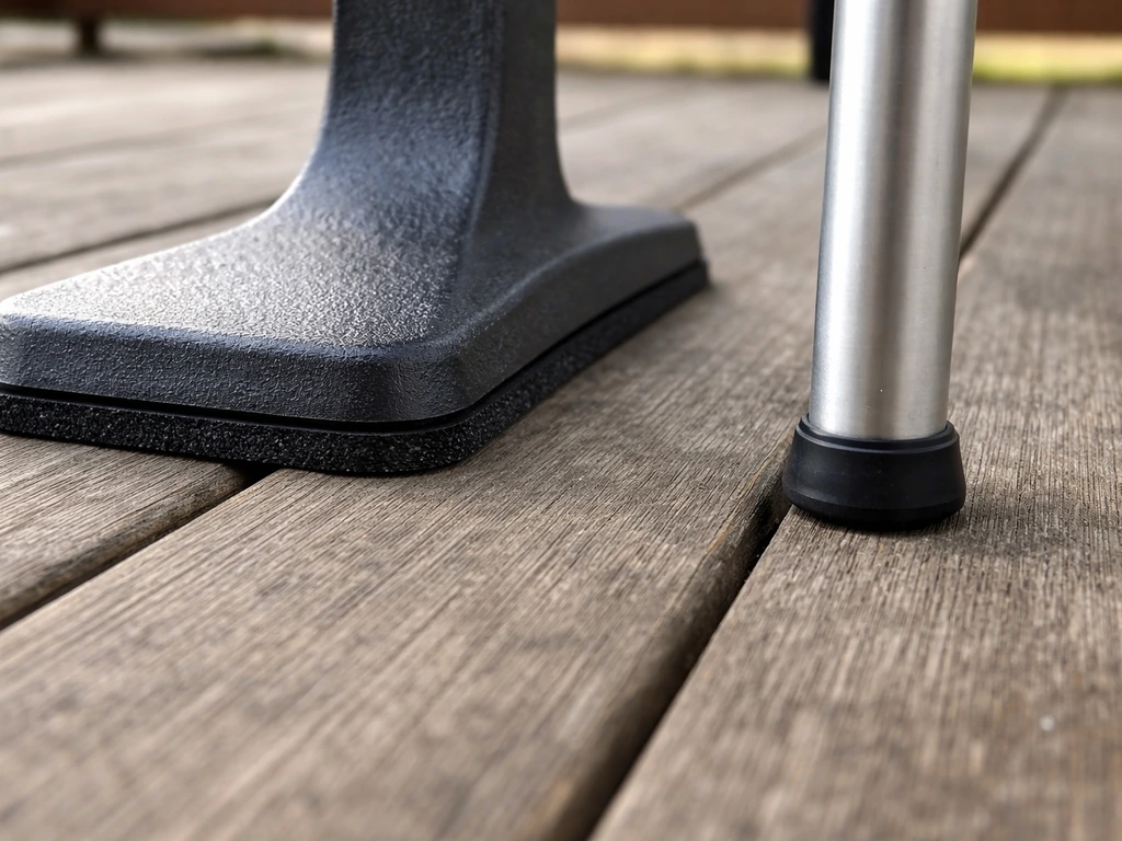 Close-up of patio furniture feet: wide cast-aluminum base with anti-slip pad and a narrow tube leg on a deck