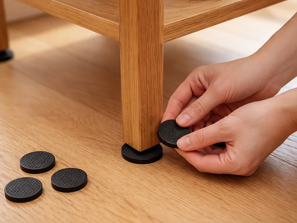 Hands placing non-slip rubber pads under furniture legs to prevent slipping, no-drill setup