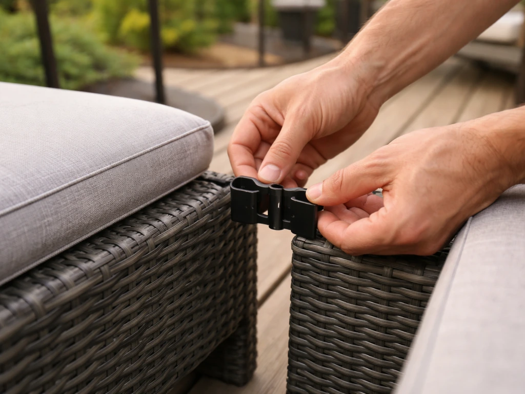 Hands fitting a metal furniture clip to connect patio chair sections on a wooden deck.
