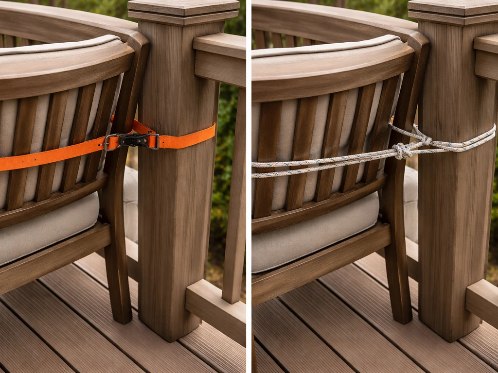 No-drill ratchet strap and rope tie-down loop securing a chair to a deck railing post