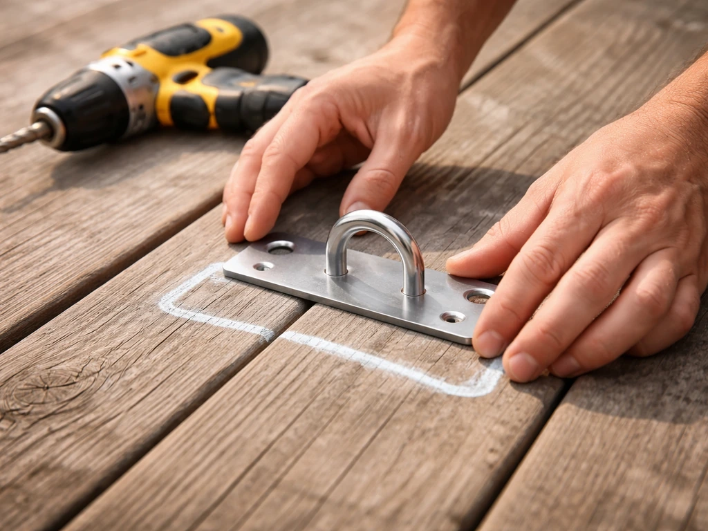 Hands place a stainless strap anchor/cleat on a wooden deck with chalk/tape marks and a drill nearby.