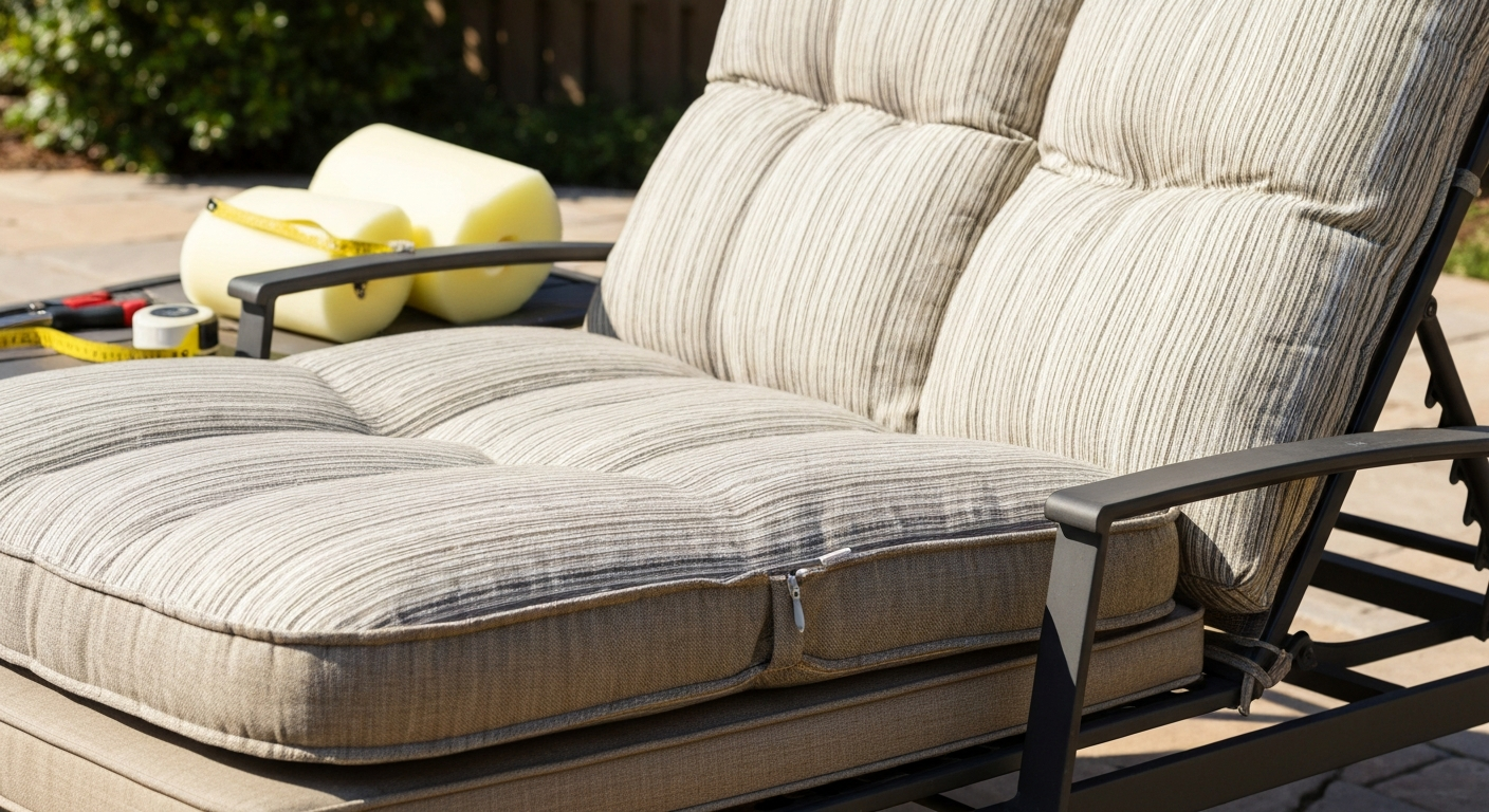 Finished deep-seat patio cushion (about 5 inches thick) on an outdoor lounge chair, striped outdoor fabric, rounded edges, visible zipper, tools blurred in background.